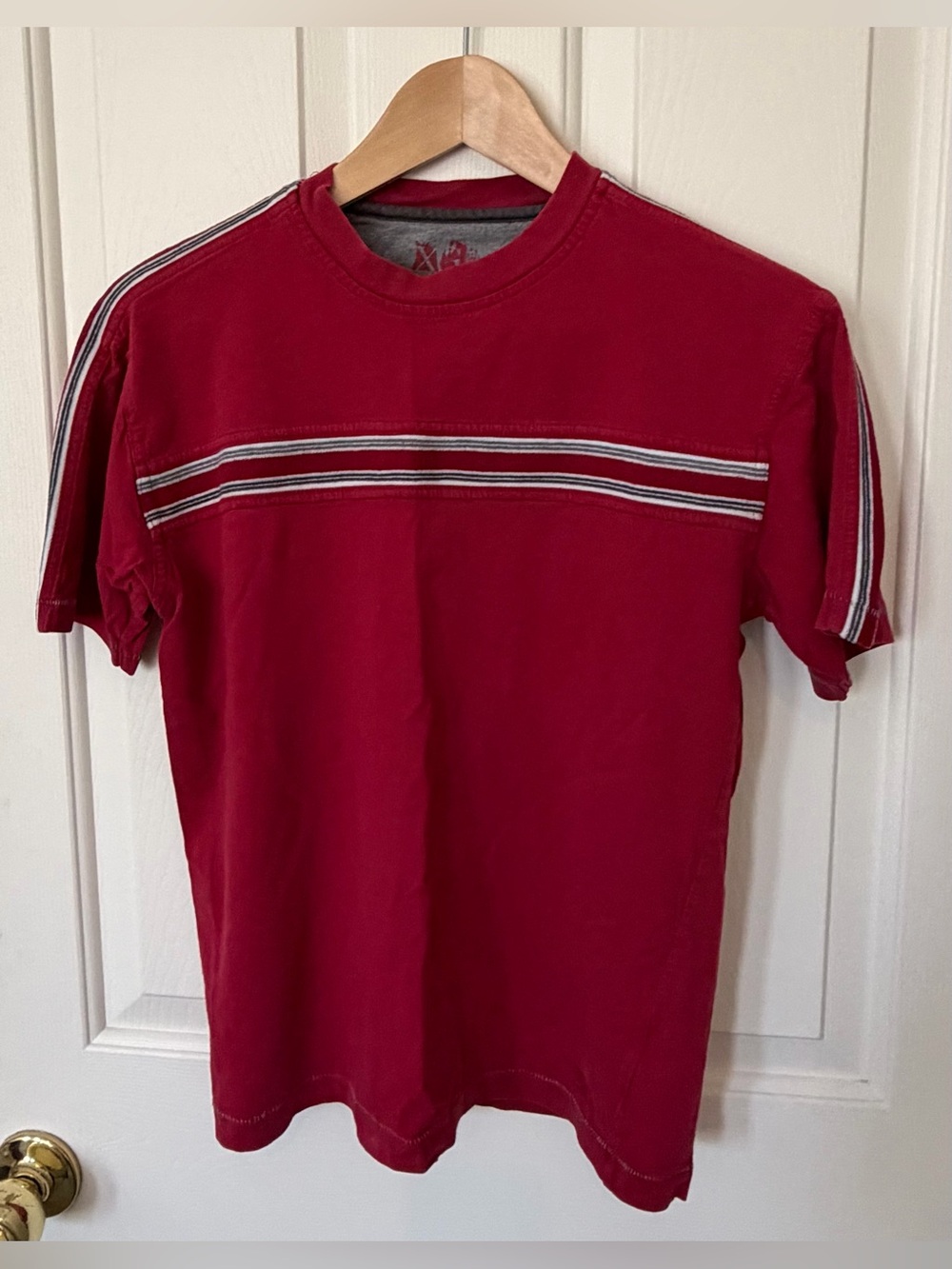 Kids Red Short Sleeve Crew Neck Tee with Stripe Detail- boys 10-12